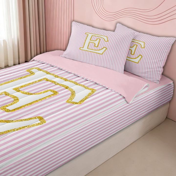 meiyoeat Preppy Letter E Zipper Twin Comforter Sets with Fitted Sheet and 2 Pillowcases for Kids Girls Women, Gold Glitter Zipper Bedding Set for Bedroom, Pink ReversibleG