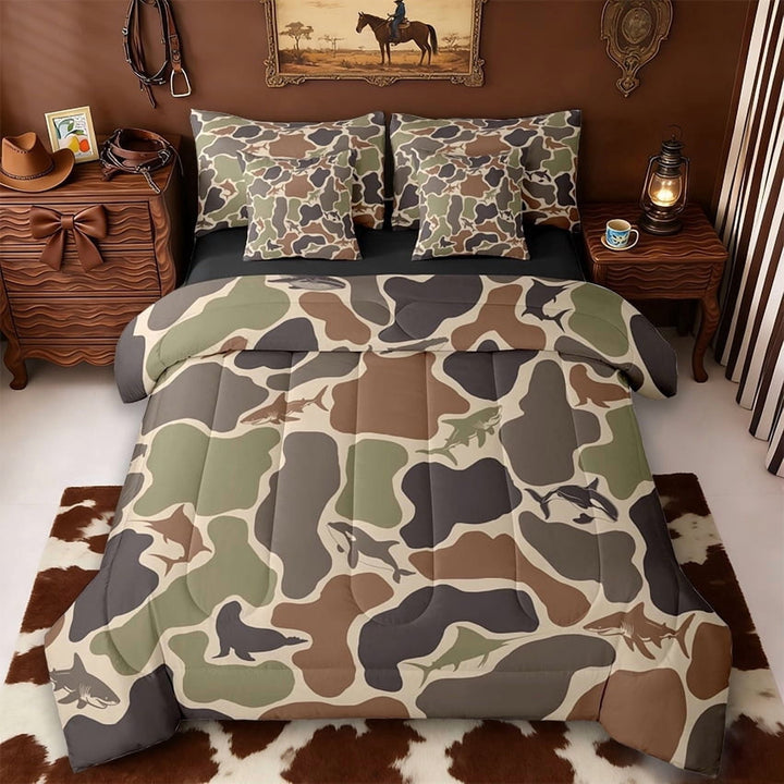 Erosebridal Duck Hunter Camouflage 7-Piece Twin Bedding Sets,Green Camo Rustic Farmhouse Hunting Bedding Comforter Set For Adults Kids,Reversible Black