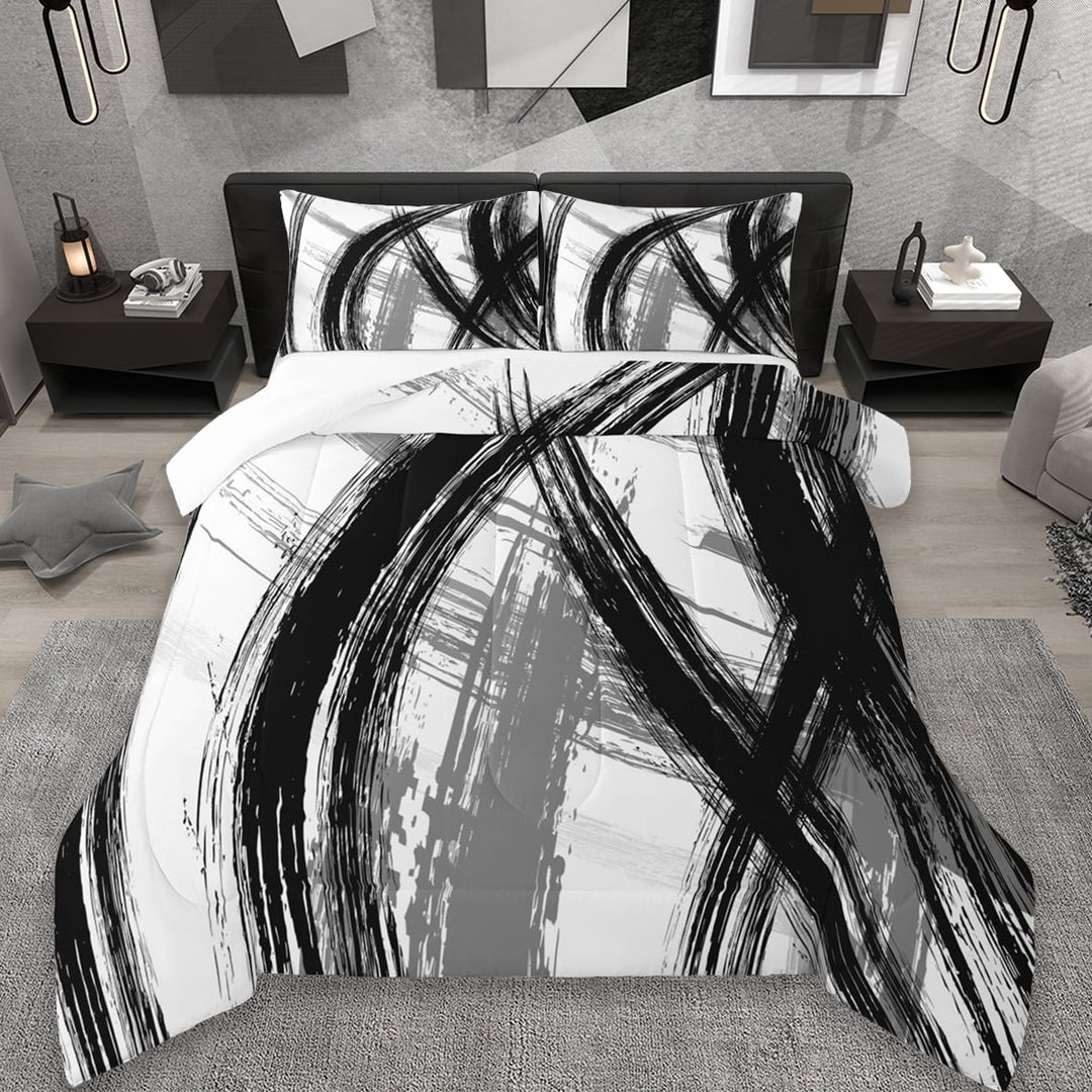 Erosebridal Modern Stripe Full Size Comforter Sets,White Black Abstract Art Bedding Sets For Men Women 3 Pieces