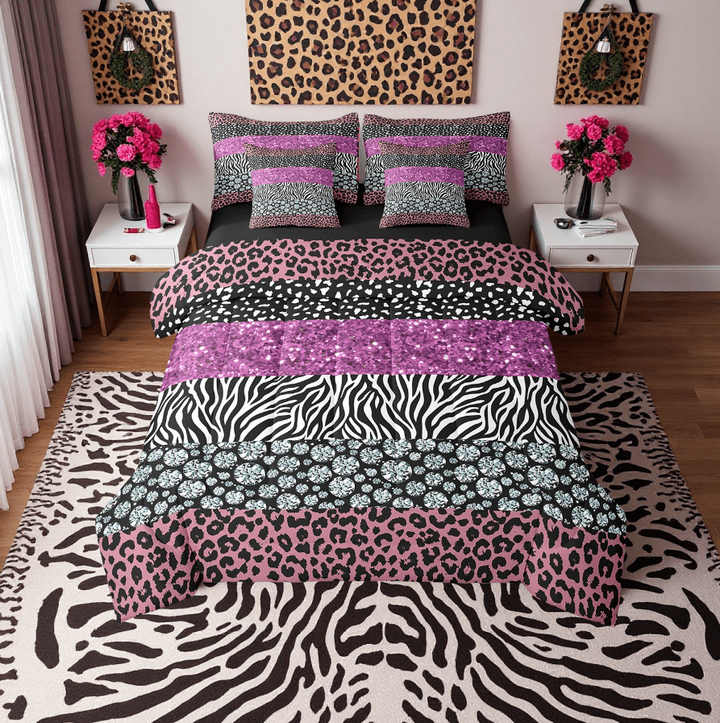 7Pcs Pink Cheetah Print Comforter Set Glitter Diamond Bedding Queen Size Leopard Print Duvet Set, Watercolor Animal Print Bedding Sets With Sheets (No Glitter No Sequin)