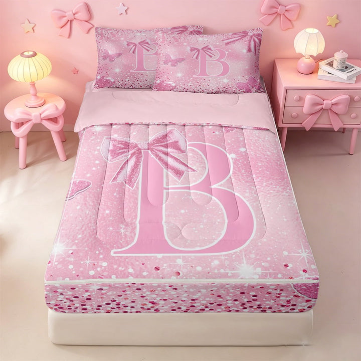 meiyoeat Sparkling Bow Initial B Print Zipper Twin Comforter Sets with Fitted Sheet and 2 Pillowcases,Pink Monogram Aesthetic Art Zipper Bedding Set For Girl,Pink Reversible,4 Pieces
