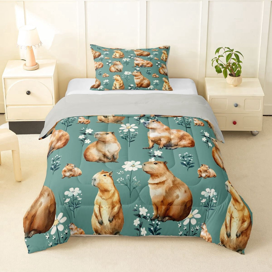 Erosebridal Animal Brown Capybara Twin Comforter Sets 3-Piece For Boys Girls,Chic Floral Flowers Bedding Set For Kids Teens,Grey Reversible