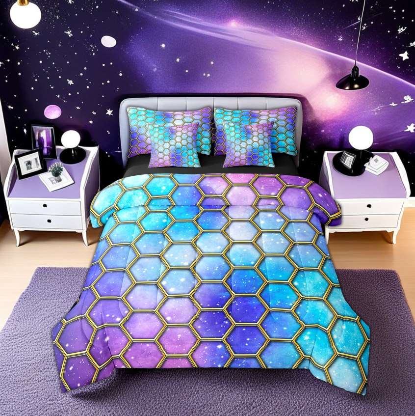 Erosebridal Dreamy Galaxy Cosmos Bedding Twin Size, Geometric Honeycomb Hexagon Duvet Set, Reversible 7-Piece