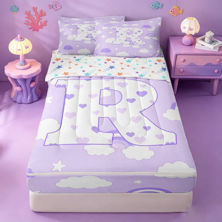 meiyoeat Stars Rainbow Initial R Zipper Twin Comforter Sets with Fitted Sheet and 2 Pillowcases,Watercolor Loves Monogrammed Print Zipper Bedding Set For Girl,Colorful Stars Reversible,4-Piece