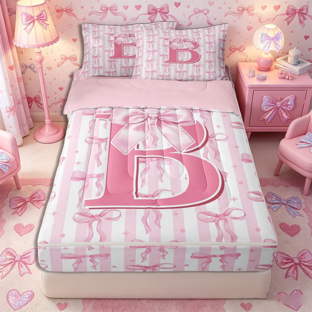 Meiyoeat Girly Bow Letter B Zipper Twin Comforter Sets with Fitted Sheet and 2 Pillowcases for Girls Teens, Cute Stripe Zipper Bedding Set, Light Pink White,4-Piece,Pink Reversible