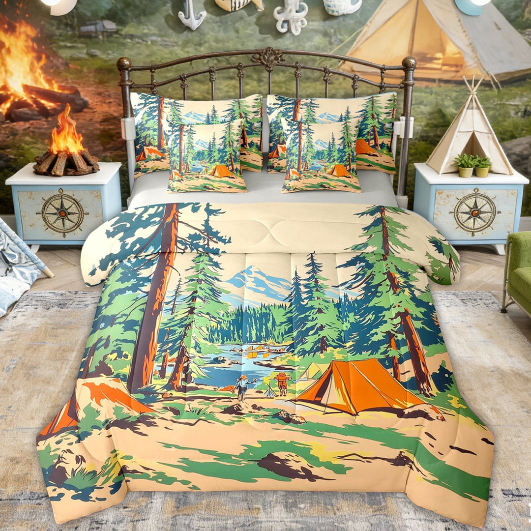 Erosebridal Orange Tent Lake Camping Bedding Comforter Set, Retro Forest Mountain Queen Bedding Sets for Men and Women, 7-Piece