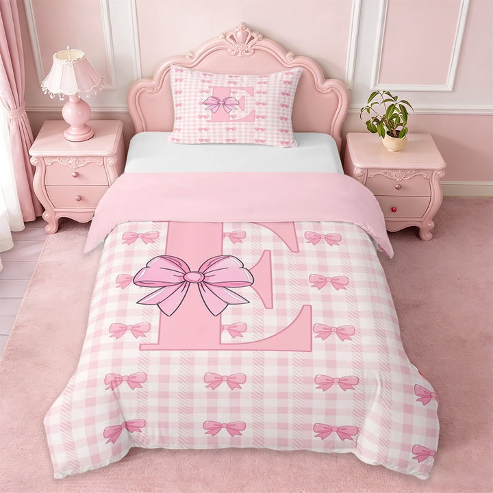 Erosebridal Pink Girly Bow Twin Bedding,Letter E Initial Monogrammed Duvet Cover Set For Kids,Pink Reversible,2-Piece(No Comforter)