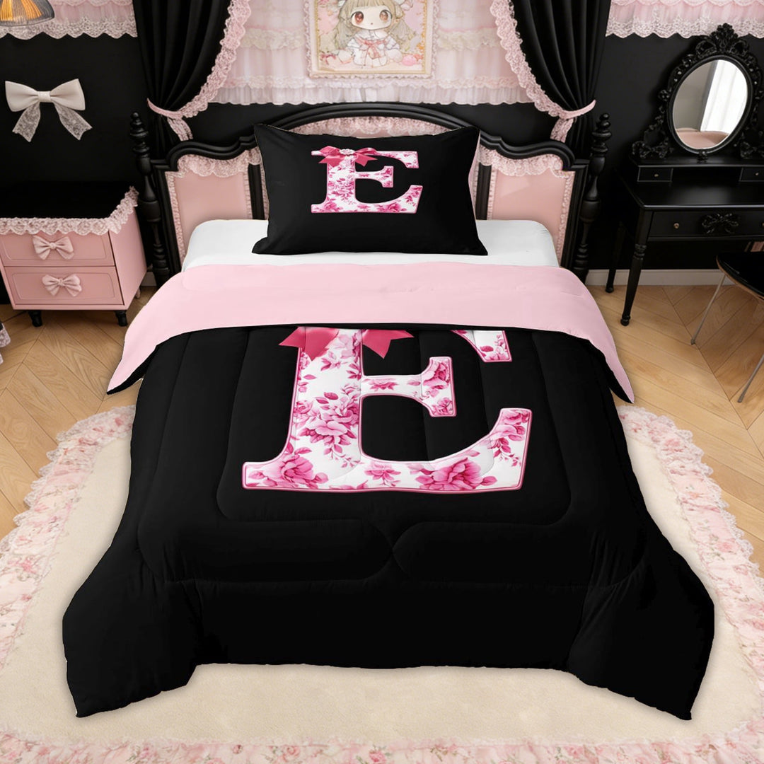 Erosebridal Floral Bow Letter E Twin Comforter Sets for Girls, Pink Initial Ribbon Bedding Set, Reversible, 2pcs