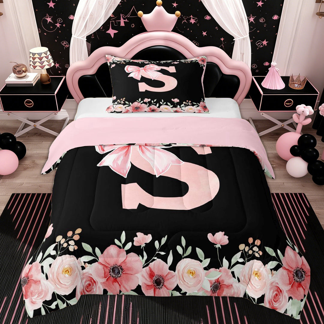 Erosebridal Letter S Twin Comforter Sets for Girl, Cherry Blossoms Bedding Set, Black Pink, 2 Pieces