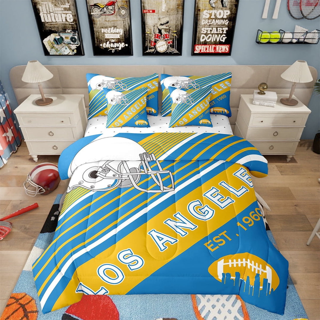 Football Comforter Sets Twin Size, Rugby Sports Bedding Bed In A Bag(Comforter+Fitted+Flat Sheet+2 Pillowcases+2 Throw Pillow Covers) 7Pcs American Football Bed Set, Los Angeles