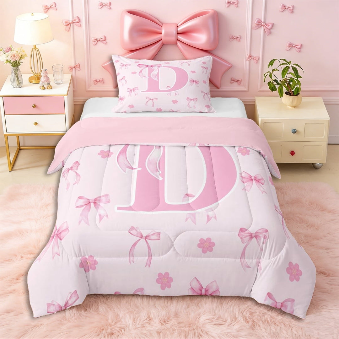 Erosebridal Ribbon Bow Knot D Personalized Initial Twin Comforter Sets 3-Piece,Floral Cherry Blossoms Bedding Set,Pink Reversible,Ultra Soft Home Decor