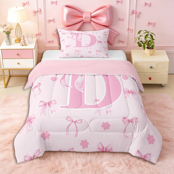 Erosebridal Ribbon Bow Knot D Personalized Initial Twin Comforter Sets 3-Piece,Floral Cherry Blossoms Bedding Set,Pink Reversible,Ultra Soft Home Decor