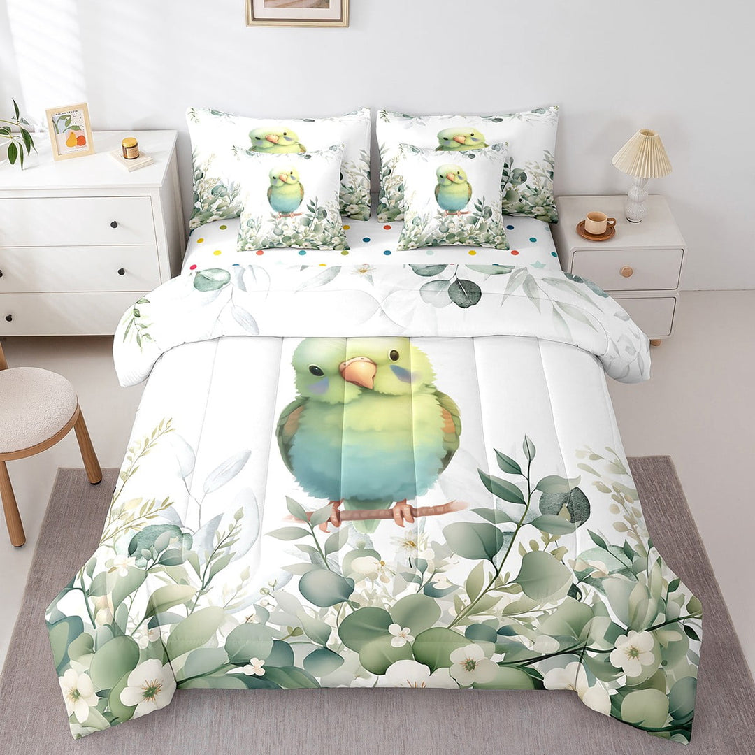 Cartoon Animal Bed in a Bag 7-Piece Kawaii Bird Bedding Set, Wild Animal Twin Size Comforter Set Chic Wildlife Bedding Comforter Sets, Botanical Green Eucalyptus Bed Set