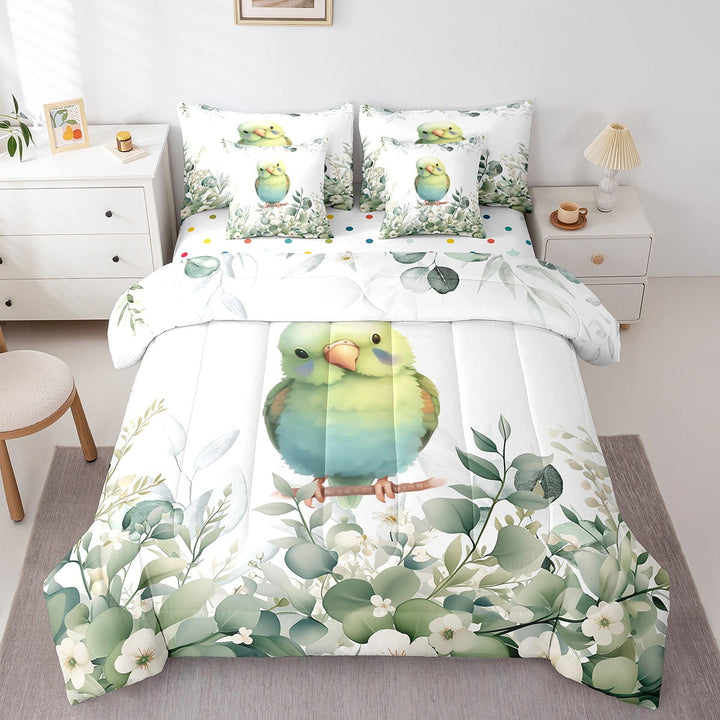 Cartoon Animal Bed in a Bag 7-Piece Kawaii Bird Bedding Set, Wild Animal Twin Size Comforter Set Chic Wildlife Bedding Comforter Sets, Botanical Green Eucalyptus Bed Set