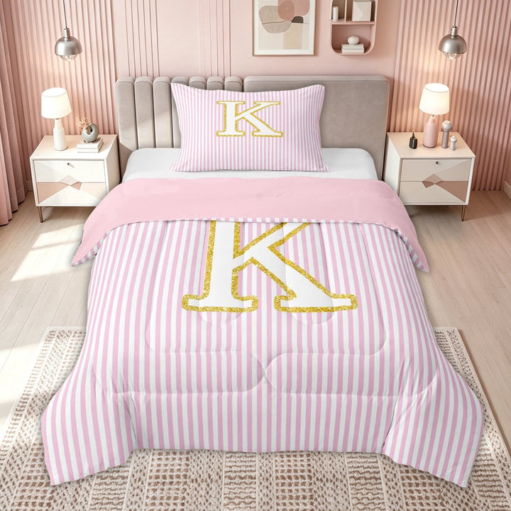 meiyoeat Preppy Letter K Full Size Comforter Sets for Kids Girls Women, Gold Glitter Bedding Comforter Set for Bedroom, Pink Reversible, 3 Pieces