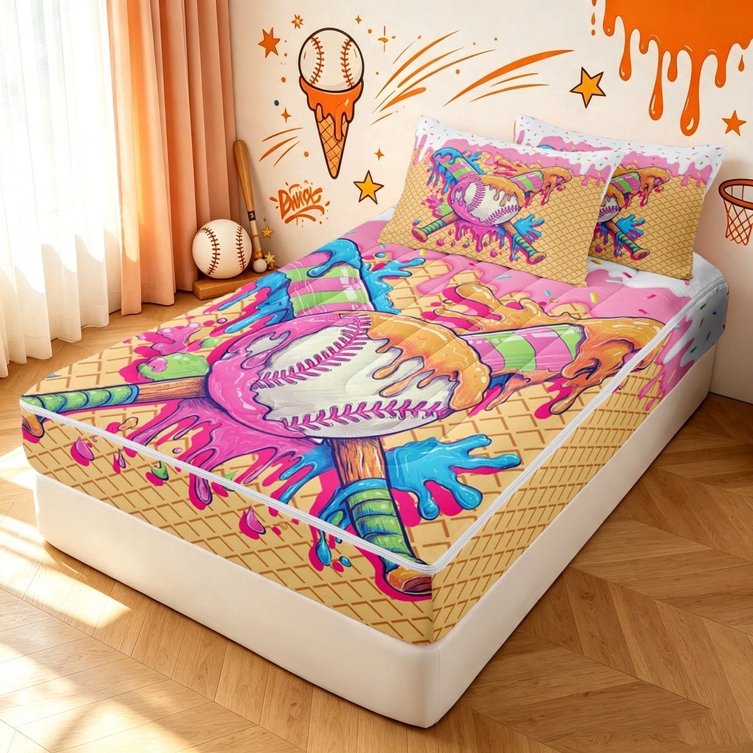 meiyoeat Baseball Ice Cream Drip Zipper Full Size Comforter Sets with Fitted Sheet and 2 Pillowcases for Girls, Waffle Bat Print Zipper Bedding Set, Pink Reversible, 4pcs