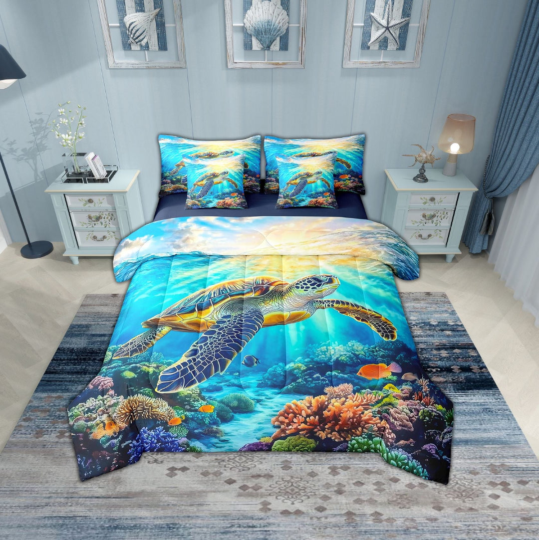 Erosebridal Sea Turtle Bedding Twin Size, Ocean Sealife Bed Set, Kawaii Animal Reversible Bedding Sets Twin Size, Microfiber Bedroom Decorative, 7-Piece