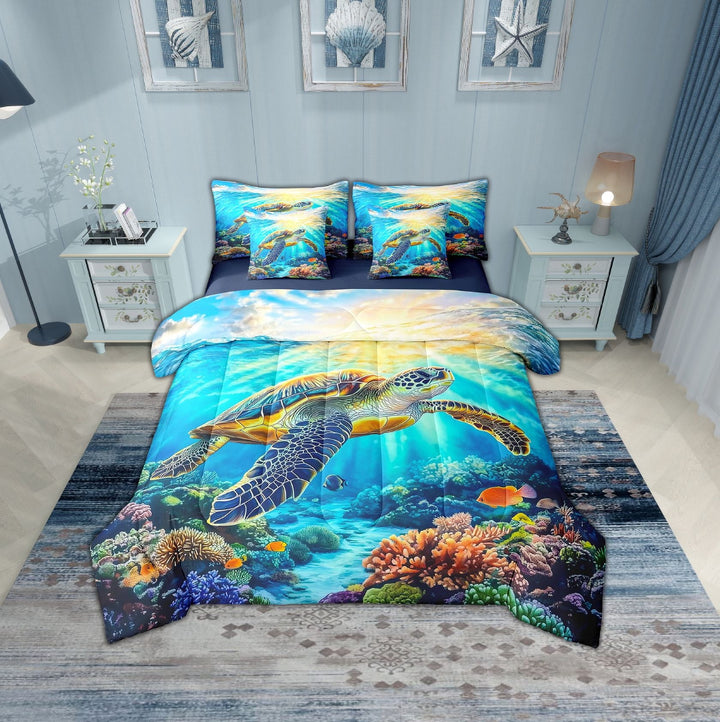 Erosebridal Sea Turtle Bedding Twin Size, Ocean Sealife Bed Set, Kawaii Animal Reversible Bedding Sets Twin Size, Microfiber Bedroom Decorative, 7-Piece