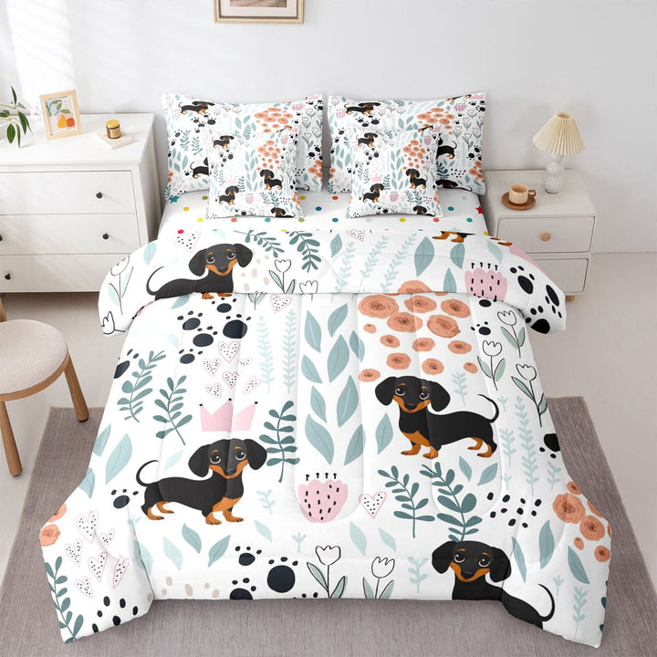 Dachshund Comforter Set Full 7 Piece Puppy Dog Bed in a Bag Dachshund Gifts for Pet Lovers,Green Leaves Pink Flowers Bedding Set with Fitted Sheet,Flat Sheet,Pillow Cases &amp; Covers