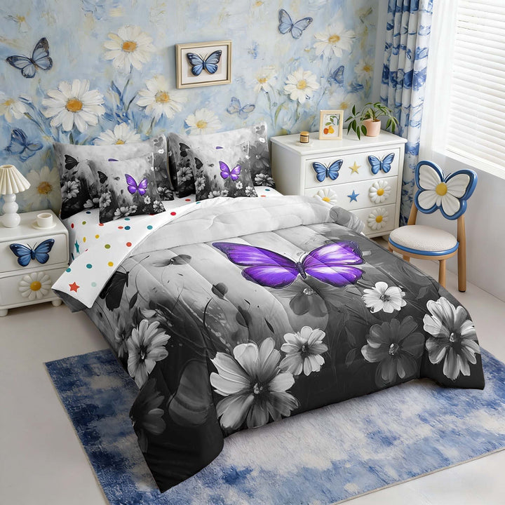 Butterfly Flowers Bed in a Bag King Size Comforter Set 7 Pieces,Purple Black Ombre Art Oil Painting Floral Bedding Sets Rustic Aesthetic Animal Daisy Flower Sheet Set with Comforter