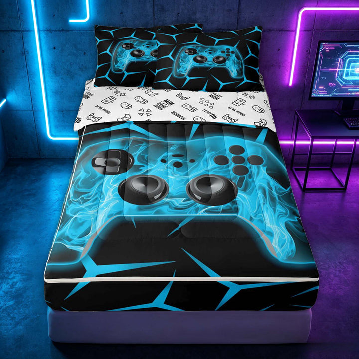 meiyoeat Neon Cyan Flame Game Controller Zipper Full Size Comforter Sets with Fitted Sheet and 2 Pillowcases for Kids Boys, Cyan Geometric Gaming Zipper Bedding Set, Gamepad Reversible