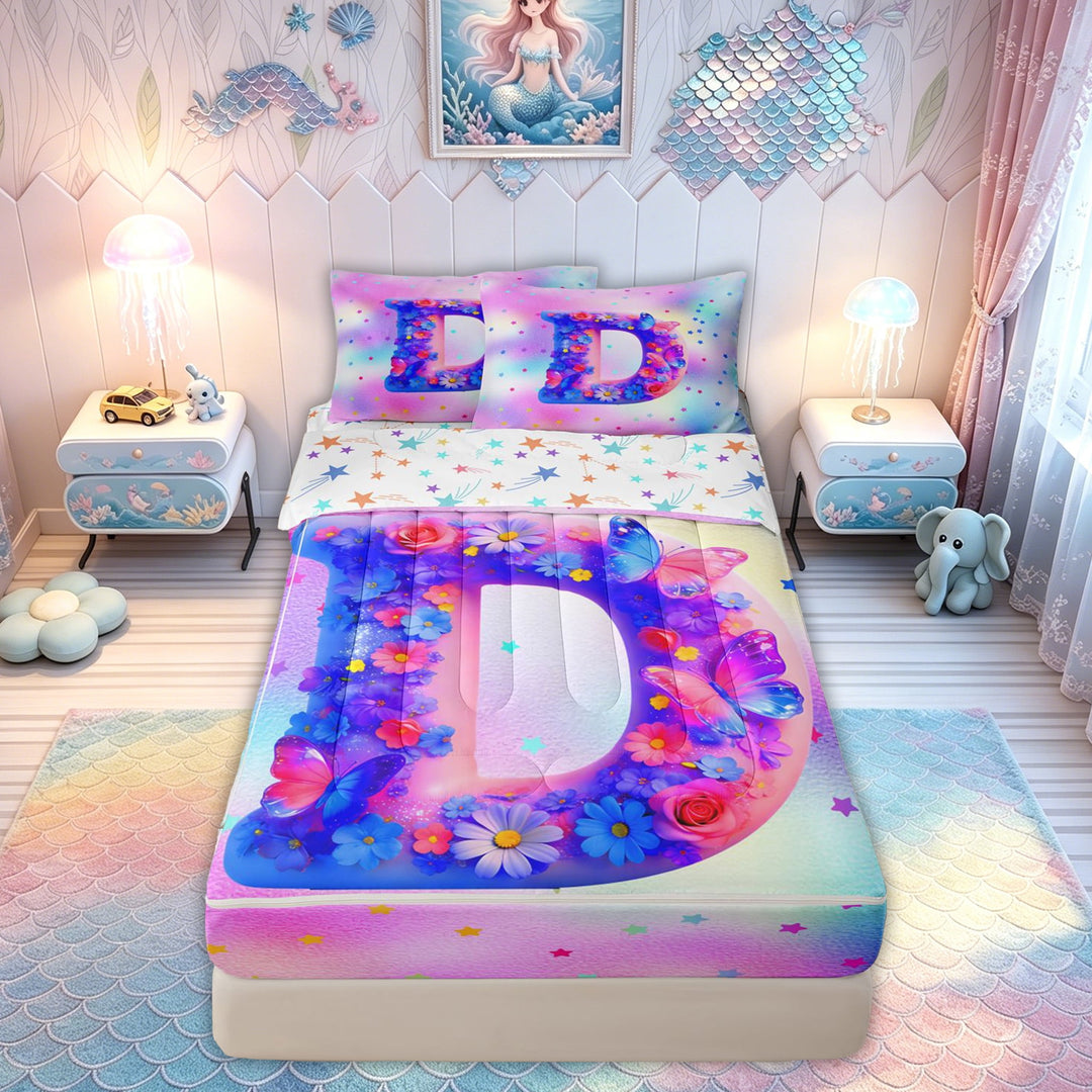 meiyoeat Flower Butterfly D Initial Rainbow Zipper Comforter Set with Fitted Sheet and 2 Pillowcases, Watercolor Galaxy Stars Zipper Bedding Set for Girls, Colorful Star Reversible, 3pcs