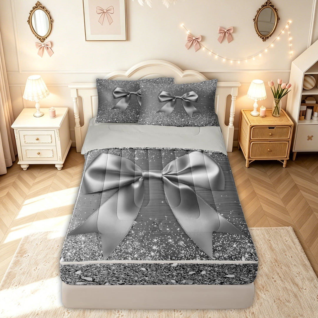 meiyoeat Fashion Princess Bow Diamond Zipper Twin Comforter Sets with Fitted Sheet and 2 Pillowcases for Men Women, Glitter Print Ribbon Zipper Bedding Set, Silver White, Grey Reversible, 4pcs