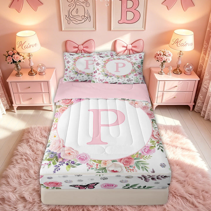 meiyoeat Pink Floral Butterfly Letter P Zipper Comforter Set with Fitted Sheet and 2 Pillowcases for Girls, Cute Monogram Zipper Bedding Set, Pink Reversible, 3 Pieces