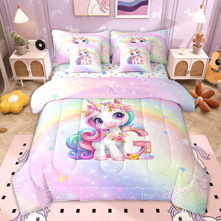 Erosebridal Glitter Stars Print Letter G Bedding Twin Size, Dreamy Unicorn Bedding Sets Twin Size for Kids Girls, Colorful Stars Reversible 7pcs