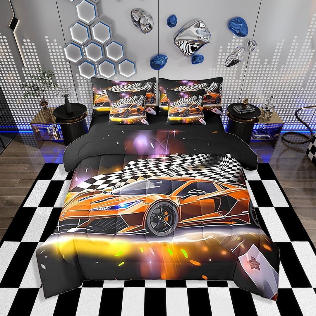 Erosebridal Orange Racing Car 7 Piece Bedding Set Twin Size Extreme Sport Comforter Set with Sheets Teens Fast and Furious Bed in a Bag Black White Flag Bed Set