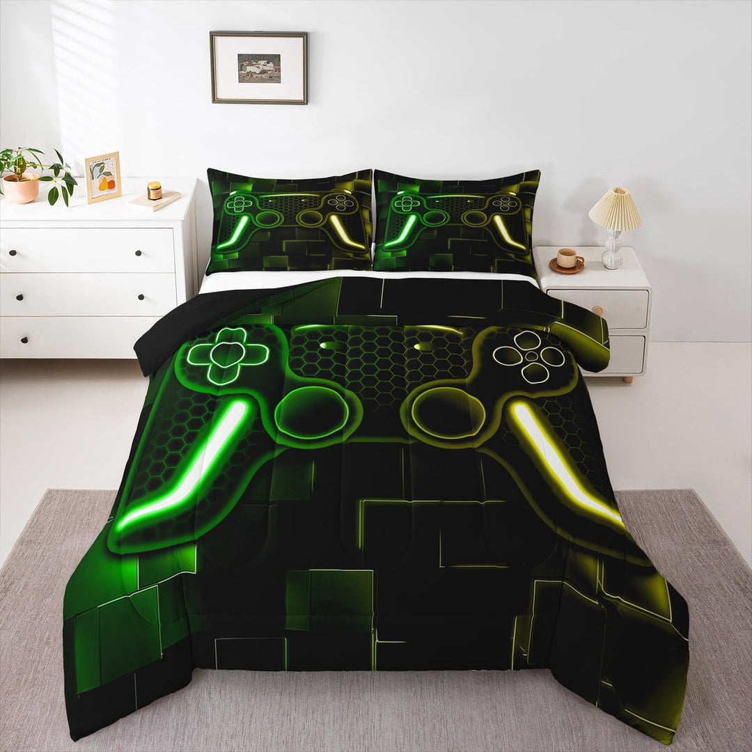 Gaming Bedding Sets Yellow Green Gamer Comforter Sets Teen Bedroom Set,Cool Video Game Black Quilt Bedding Set,Geometric Checkered Down Comforter Twin Size