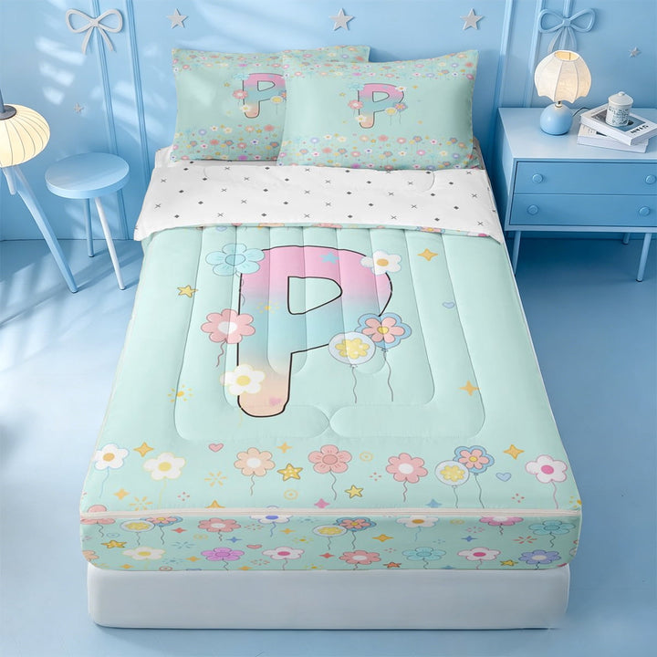 meiyoeat Flower Pastel Monogram P Zipper Full Size Comforter Sets with Fitted Sheet and 2 Pillowcases,Multicolor Cartoon Cute Floral Zipper Bedding Set For Girl,Reversible,4 Pieces