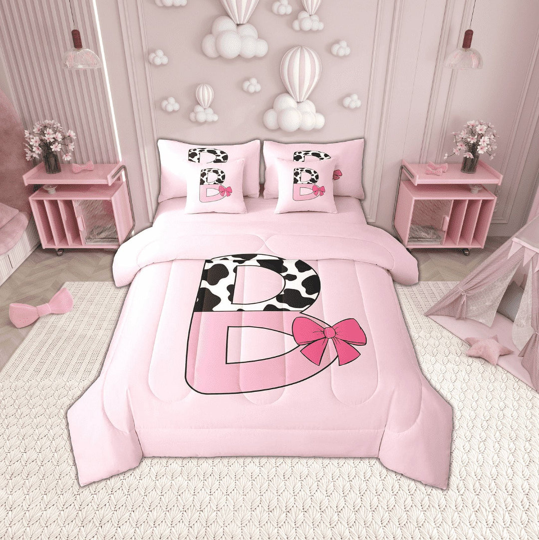 Erosebridal Letter Initial A Bedding Sets Twin Size,Kawaii Bow Comforter Sets with Sheets,Super Cozy Reversible Bed in a Bag Twin size,Cow Print Decor,7pcs