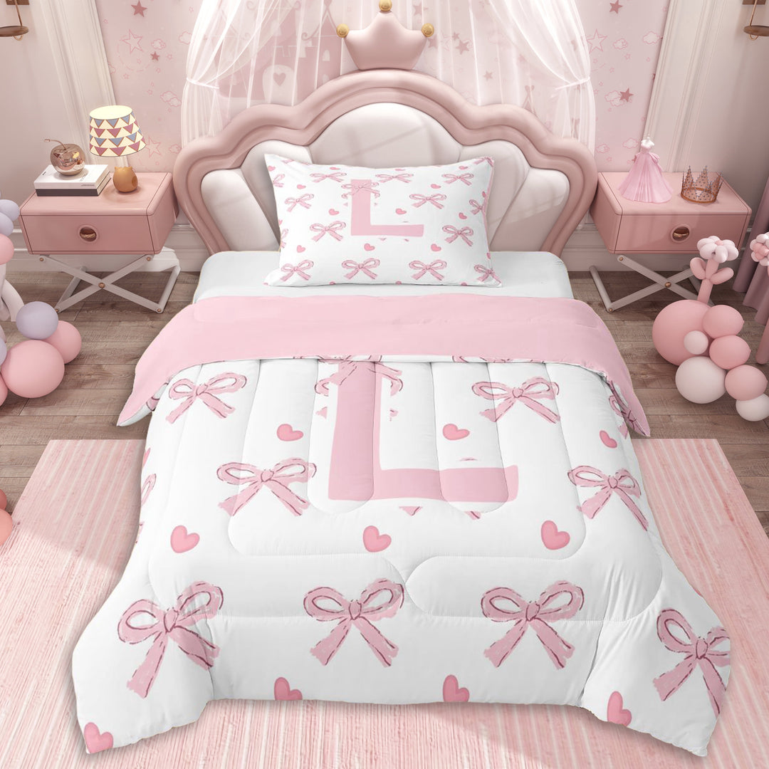 Erosebridal Personalized Initial L Twin Comforter Sets 3-Piece For Girls,Pink Ribbon Bow Bedding Set,Pink Reversible,Microfiber Bedroom Decor