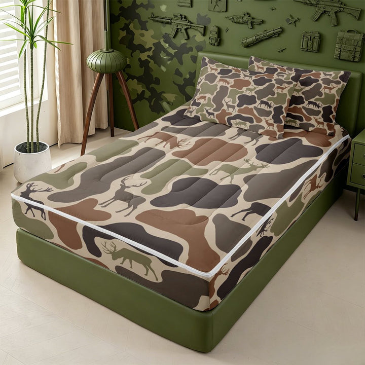 meiyoeat Rustic Camo Deer Zipper Twin Comforter Sets with Fitted Sheet and 2 Pillowcases,Jungle Animal Camouflage Silhouette Zipper Bedding Set For Men Women, Brown Beige,Black Reversible,4-Piece
