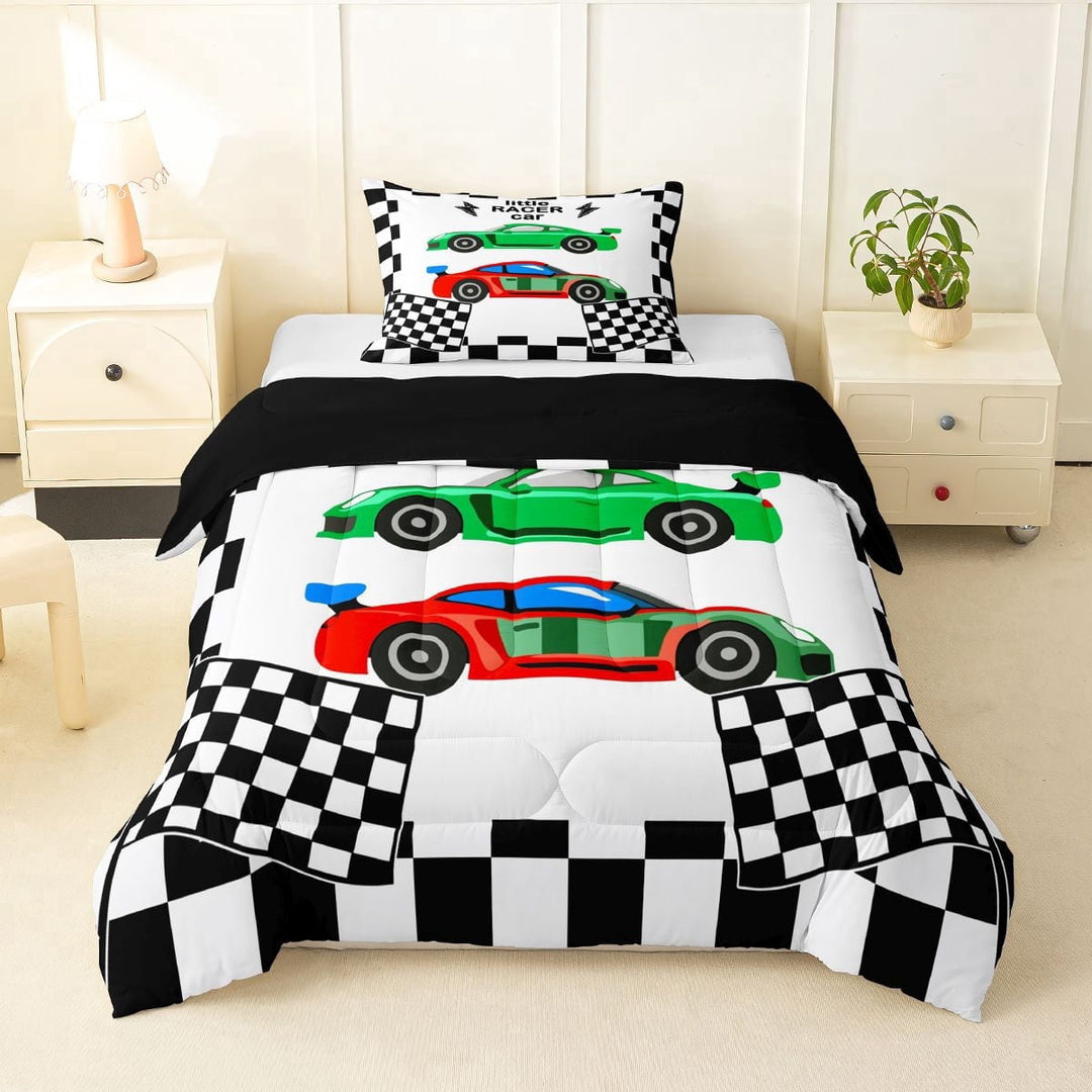 Erosebridal Kids Race Car Twin Comforter Sets, Racing Flag Bedding Set, Black Reversible, 1 Comforter and 1 Pillowcase