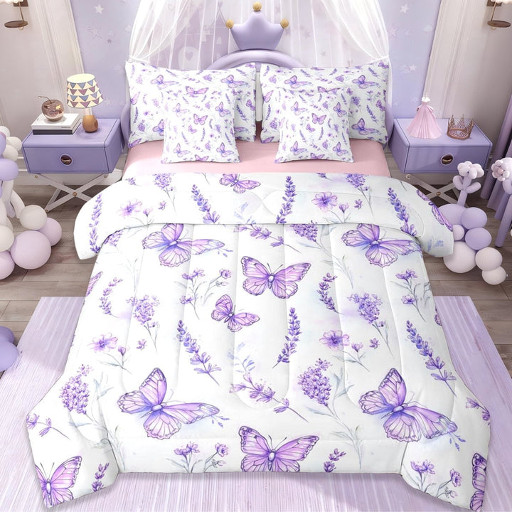 Erosebridal Purple Floral Lavender 7 Pieces Bedding Comforter Set,Cute Butterfly Flying Animals Full Bedding Set For Girly,Reversible