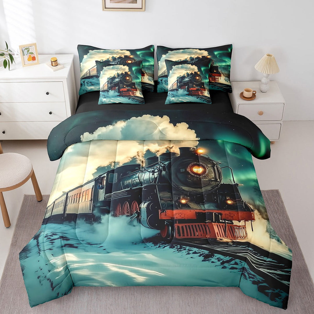Steam Engine Bed In A Bag 7 Pieces Twin Vintage Train Track Comforter Set Transportation Vehicles Bedding Set Snow Rail Vehicles Comforter Teens Bedroom Decor