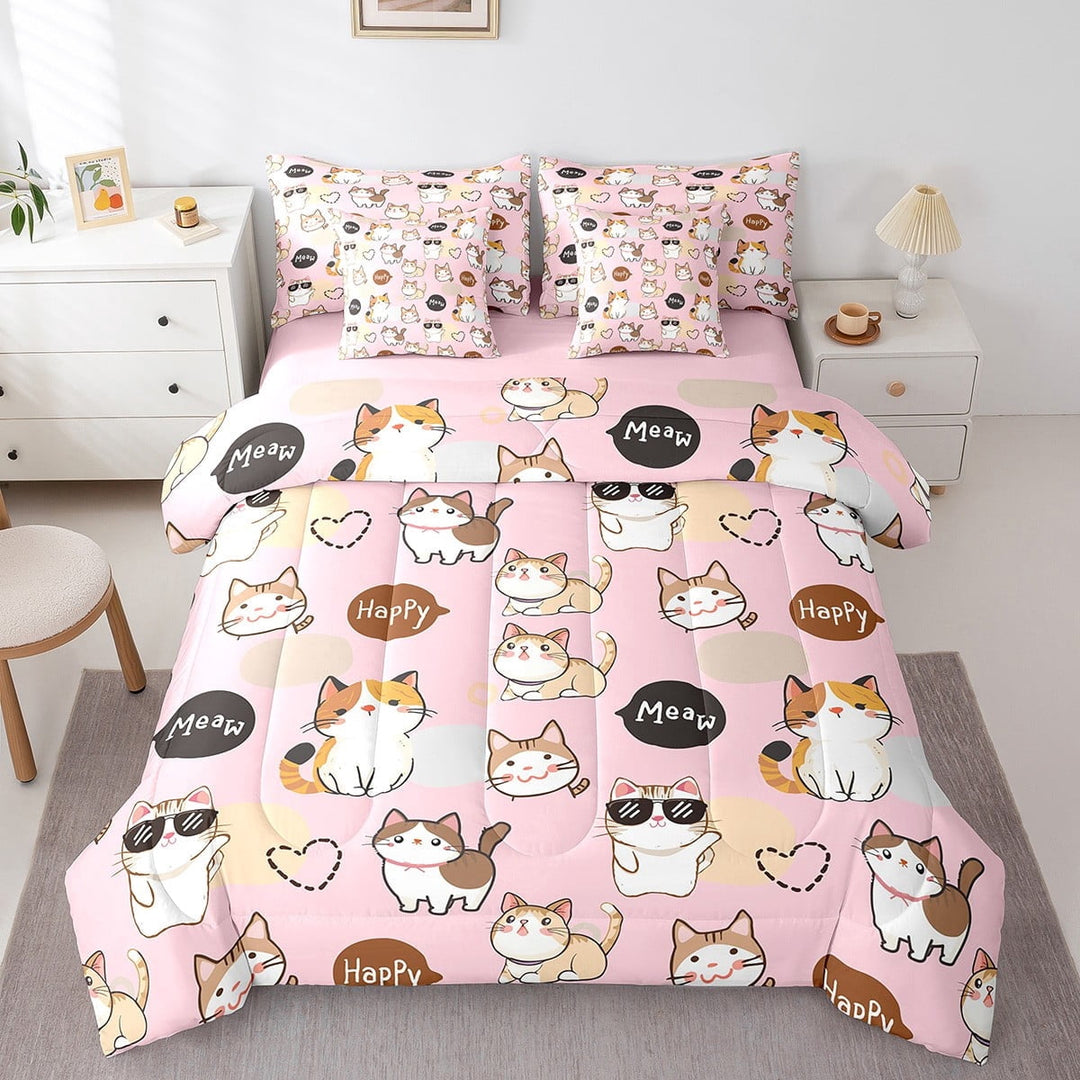 7Pcs Kawaii Cat Bedding Full Size Cute Kitten Animal Comforter Set, Dreamy Pink Bedding Comforter Sets Super Cozy 7 Pieces