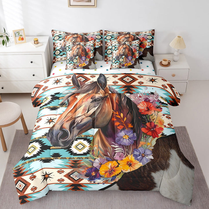 Horse 7 Piece Comforter Set Full Bed in a Bag,Western Bedding Sets Exotic Geometry Aztec Sheet Set with Comforter Brown Cowhide Bohemian Flowers Room Decor
