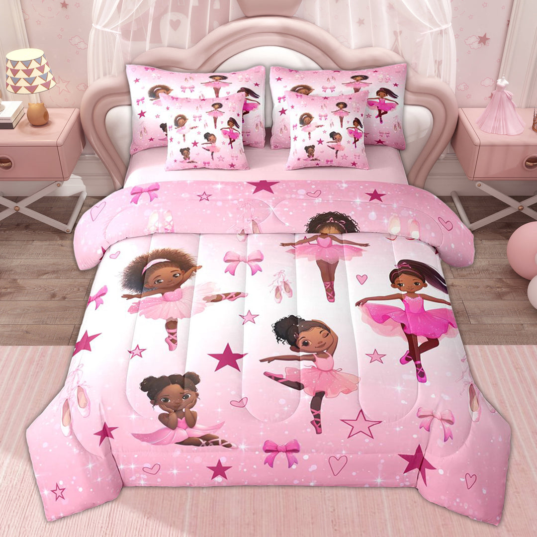 Erosebridal Ballet Princess Twin Bedding Sets for Kids, Kawaii Bow Girl Bedding Comforter Set, 7pcs