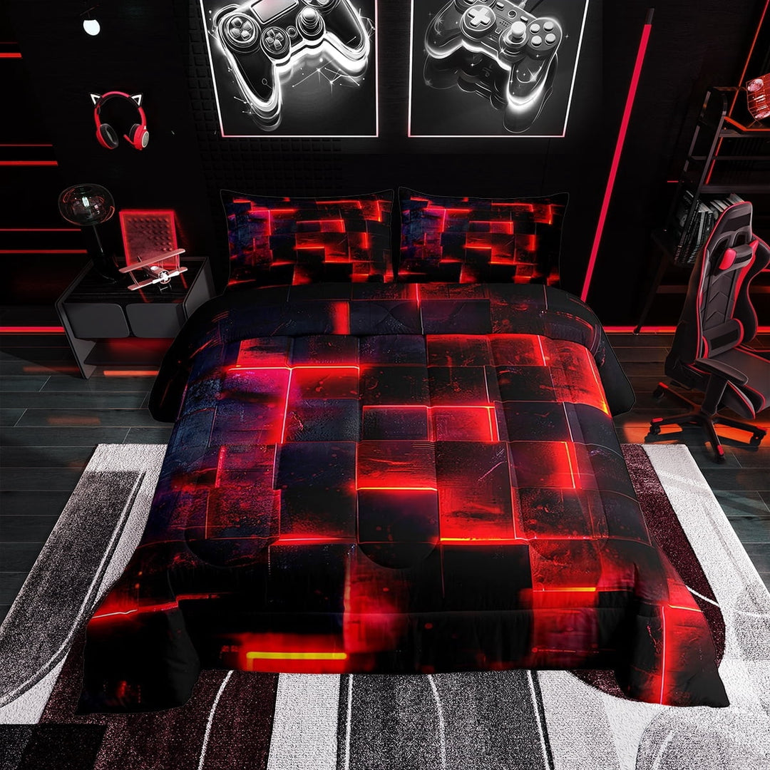 Red and Black Bedding King 3D Glowing Buffalo King Comforter Set, Modern Abstract Art Bedding Comforter Sets Geometric Plaid Duvet Insert, Gradient Futuristic Cubes Down Comforter (Black Reversible)