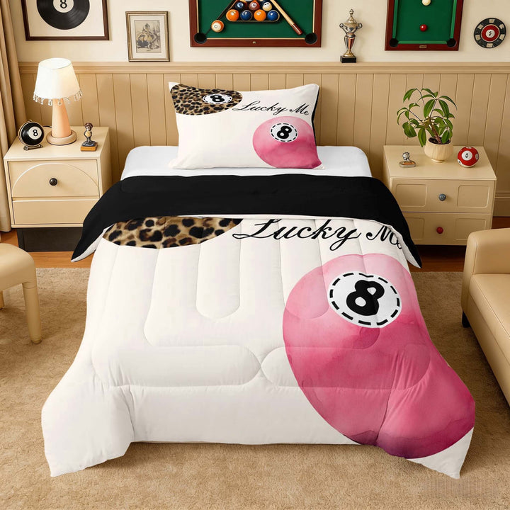 Erosebridal Leopard &amp; Pink 8 Ball Print Twin Comforter Sets, Sports Monogram Bedding Set for Girls, Black Reversible 2 Pieces, 1 Comforter and 1 Pillowcase