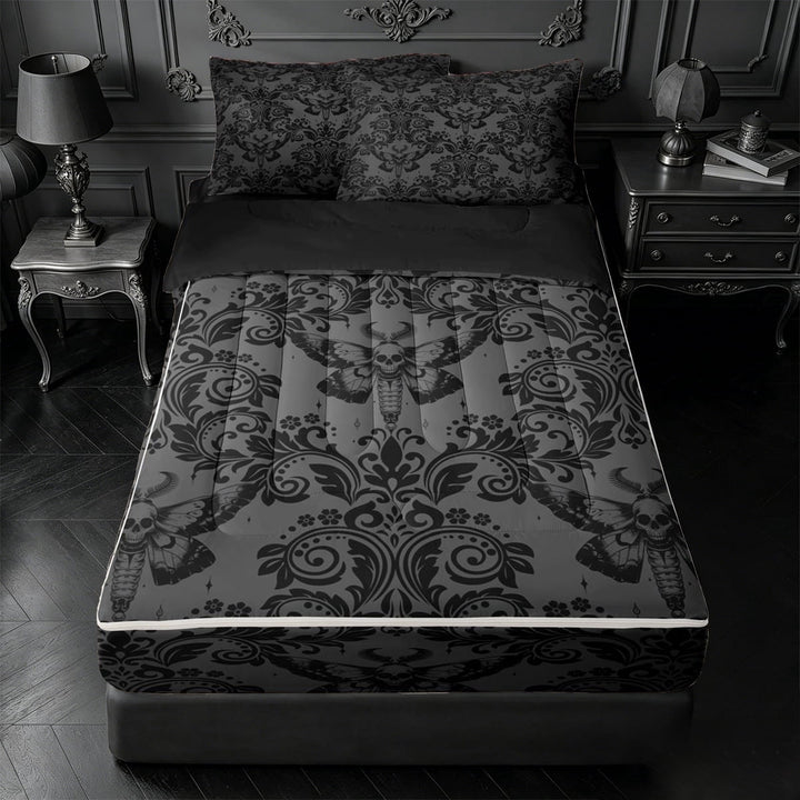 meiyoeat Gothic Skull Moth Zipper Twin Comforter Sets with Fitted Sheet and 2 Pillowcases,Rustic Damask Floral Zipper Bedding Set For Men Women, Black Gray,Black Reversible,4 Pieces