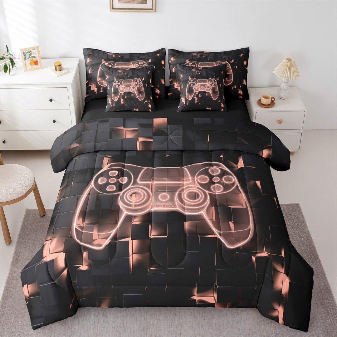 Gaming Comforter , Video Games Fitted Sheet Gamer Decorations For Bedroom, Gamepad Gaming Flat Sheet Twin Size Neon Geometry Plaid Pillow Cases Gamer Gifts Throw Pillow Covers