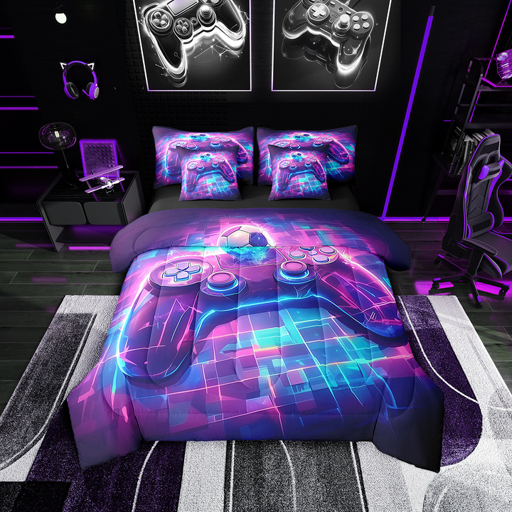 Erosebridal Gradient Teens Game Bedding Sets Twin Size,Buffalo Plaid Comforter Sets with Sheets,Geometry Room Decor,7-Piece