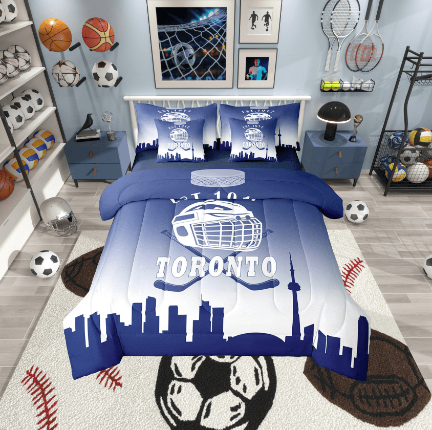 Erosebridal American Toronto Bedding Sets Twin Size, Football Player Comforter Sets with Sheets, Royal Blue Reversible Bed Set, Microfiber Bedroom Decor, 7-Piece