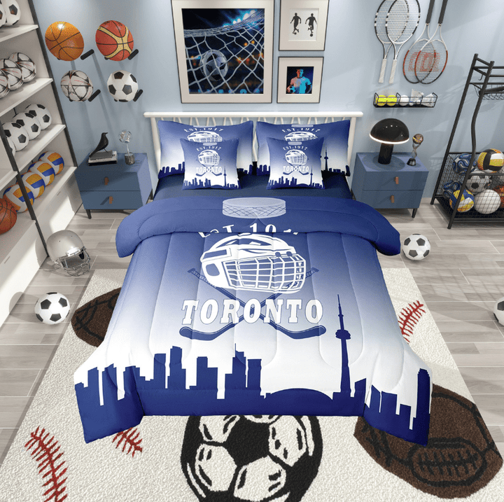 Erosebridal American Toronto Bedding Sets Twin Size, Football Player Comforter Sets with Sheets, Royal Blue Reversible Bed Set, Microfiber Bedroom Decor, 7-Piece