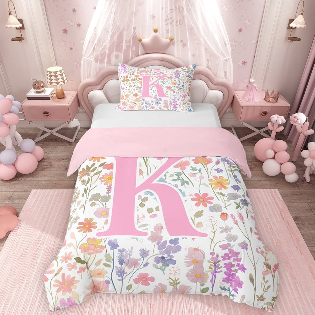 Erosebridal Erosebridal Girls Pink Floral Twin Bedding, Garden Flower Duvet Cover Set, K Letter, Pink Reversible, 1 Duvet Cover and 1 Pillowcase (No Comforter)
