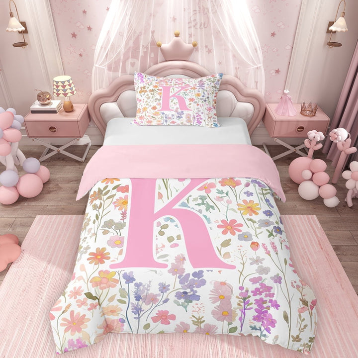 Erosebridal Erosebridal Girls Pink Floral Twin Bedding, Garden Flower Duvet Cover Set, K Letter, Pink Reversible, 1 Duvet Cover and 1 Pillowcase (No Comforter)